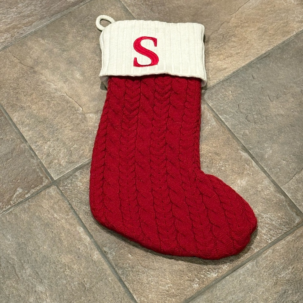 Saint Nicholas Square Red Knit Christmas Stocking with Initial S